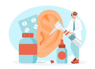 Doctor treats ears concept. Young guy in medical uniform wirth instruments and pills. Young guy checks hearing and diagnoses patient. Laryngologist with inventory. Cartoon flat vector illustration