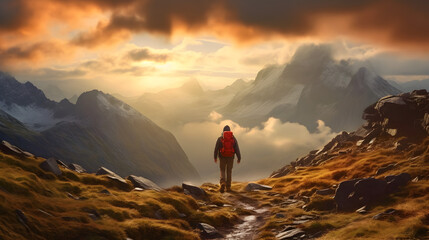 Alpine Reflections: Hiker's Backview Amidst Sunset and Snowy Mountain Tops, generative ai 