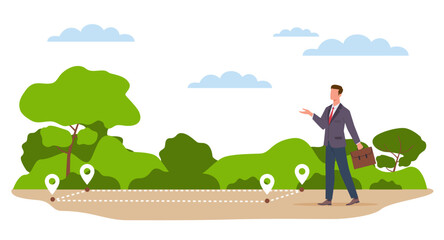 Manager offers for sale plot of land. Real estate agent. Empty area for construction. Place with boundary line to show location. Rent or buy property. Cartoon flat style vector concept © YummyBuum