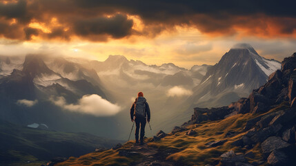 Alpine Reflections: Hiker's Backview Amidst Sunset and Snowy Mountain Tops, generative ai 