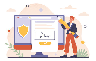 Man with electronic contract concept. Young guy with pencil near computer monitor. Modern technologies and distance business communication. Online deal and agreement. Cartoon flat vector illustration