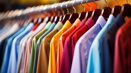 Photo of a colorful row of shirts hanging on a clothing rack
