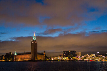 city at night view stockholm harbour landscape
