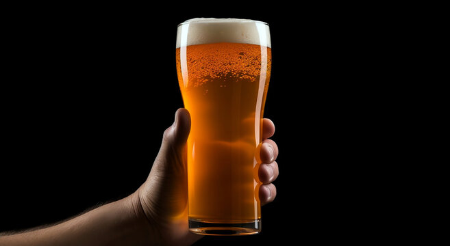 Hand with glass of beer isolated on black background