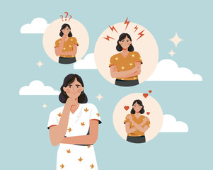 Woman with different emotions. Young girl with self love, stress and thoughtfulness. Character with facial expressions. Mental health and psychology. Cartoon flat vector illustration