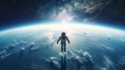 Fantasy illustration of space travel. Astronaut in open space