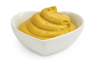 Mustard sauce in ceramic bowl isolated on white background