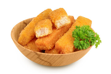 Fish finger or stick with parsley in wooden bowl isolated on white background with full depth of field
