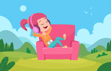 Obraz na płótnie Canvas Girl listen music. happy female characters outdoor listen with headset. Vector cartoon background