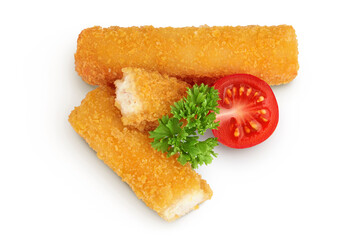 Fish finger or stick isolated on white background with full depth of field. Top view. Flat lay.