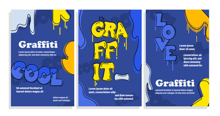 Graffiti covers set. Vandalism and hooliganism. Street creativity and art. Template, flyer and leaflet. Artwork and ink splashes. Cartoon flat vector collection isolated on white background - obrazy, fototapety, plakaty