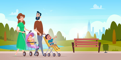 Walking little kids. Strollers for cute baby male and female exact vector cartoon background