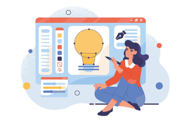 Obraz premium Woman graphic designer with idea. Young guy with pencil draw light bulb. Inspiration and aspiration. Creative and talented author and digital artist. Cartoon flat vector illustration