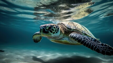 Fototapeta premium Under water sea turtles. Sea turtle under water in scuba diving scene