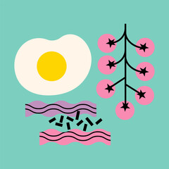 Egg, bacon and tomatoes for breakfast. Top view. Abstract flat vector illustration. Healthy food concept.