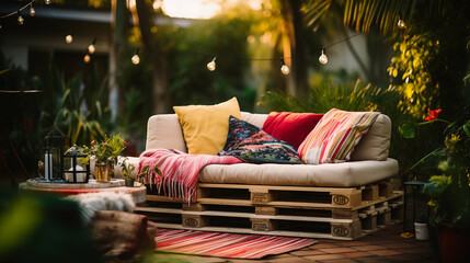 A DIY wooden pallet transformed into a cozy outdoor sofa, adorned with bright cushions and throws, set against a backdrop of lush plants, sunset lighting