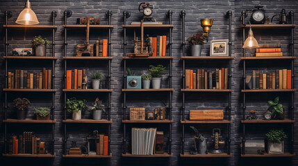 A collage of the steps involved in creating a DIY industrial pipe shelf. Capture each stage, from gathering materials to the final product on a brick wall, filled with books and decor, cinematic style
