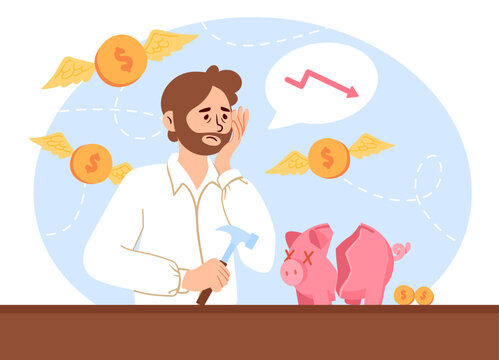 Man without money concept. Young guy sitting near broken piggy bank. Economic crisis, recession and inflation, bankruptcy. Unsuccessful Entrepreneur and Investor. Cartoon flat vector illustration