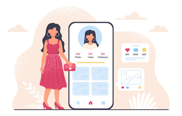 Social media content marketing concept. Woman with profile at social networks. Character with smartphone. Popular personality account. SMM specialist promotes user. Cartoon flat vector illustration