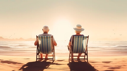 Obraz premium Senior couple enjoying time at the beach near the ocean. Travel vacation and retirement lifestyle.