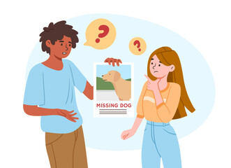 People with missing dog concept. Young guy show girl picture of his domestic animal. Pet run awya from owner. Information, notification and announcement. Cartoon flat vector illustration