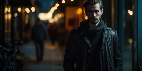 stylish image, fashionable male model wearing clothes made from recycled materials, urban environment, dusk, moody lighting