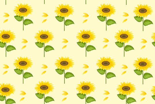 Seamless pattern with sunflowers concept. Repeating design element for printing on fabric. Agriculture and farming. Gardening and horticulture. Botany and flower. Cartoon flat vector illustration
