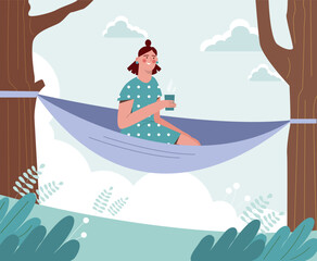 Woman relaxing in hammock concept. Young girl with cup of hot drink at nature. Character rest and relax outdoor. Active lifestyle and leisure outdoor. Cartoon flat vector illustration