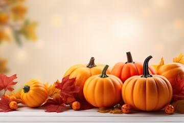 Naklejka na ściany i meble Festive autumn decor from pumpkins, leaves and lights on background