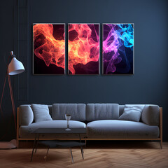 4 piece seamless colorful neon abstract 4k art, A photo frame inside a gray room with a gray