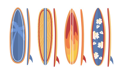 Set of surfboards concept. Equipment for active lifestyle and extreme sport. Leisure in tropical and exotic countries. Cartoon flat vector collection isolated on white background