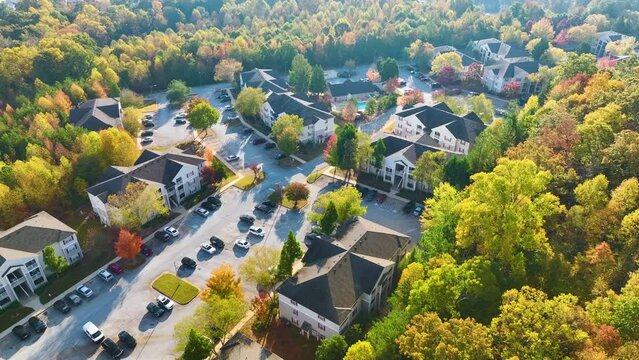 Aerial view of american apartment buildings in South Carolina residential area. New family condos as example of real estate development in USA suburbs