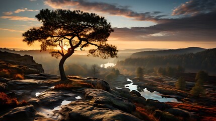 Autumn scenic mood of forests, rivers, hiking trails in calm mood and solitude. In the distance a breathtaking landscape at sunrise and sunset. - Generative AI