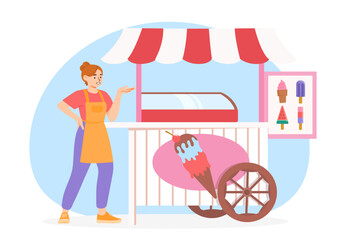 Fototapeta premium Street icecream vendor concept. Woman in apron near ice cream. Seller of cold dessert and frozen delicacy. Cafe and catering, urban infrastructure. Cartoon flat vector illustration