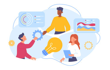 People with team work concept. Men and woman with gear, light bulb and infographics. Colleagues and partners working on common project. Collaboration and cooperation. Cartoon flat vector illustration