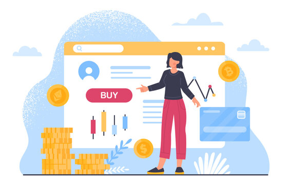 Woman with stock exchange data concept. Investing and trading, economy. Young girl analyzes graphs and charts. Infographics and statistics, data visualization. Cartoon flat vector illustration