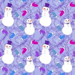 Christmas cartoon snowman seamless winter ice and gloves pattern for wrapping paper and fabrics and kids
