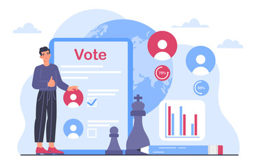 Man with vote concept. Young guy near voting ballot. Democracy and freedom of speech. Election campaign and referendum. Citizen chooses politicians. Cartoon flat vector illustration