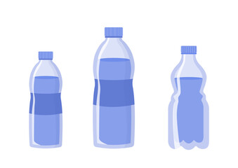 Water of bottles set. Plastic packages for fresh and pure liquid. Aqua and H2O. Fight against thirst. Template, layout and mock up. Cartoon flat vector collection isolated on white background