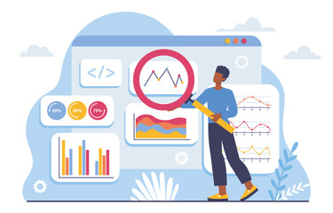 Website audit concept. Man with magnifying glass evaluates graphs, diagrams and charts. Infographics and statistics. SEO specialist evaluates user behavior. Cartoon flat vector illustration