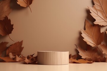 empty wooden tabletop podium decorated with dry autumn leaves, blurred background of autumn plants with space. organic product represents natural pedestal placement, autumn concept. Generative AI.
