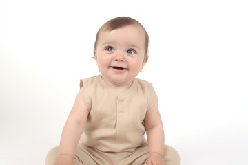 Adorable baby boy in beige overalls sits on a white background in the studio, looks at the camera and smiles. generative AI