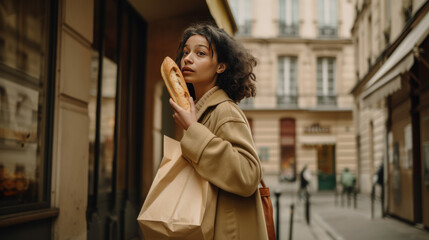 Fototapeta premium Woman hold Parisien Baguette Bread in biodegradable paper bag.