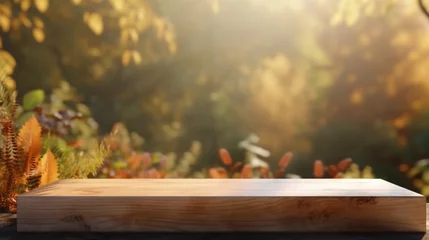  empty wooden tabletop podium in open garden forest, blurred background of autumn plants with space. organic product present natural placement pedestal display, autumn concept. Generative AI © inna717