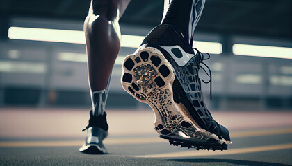 Low angle view at disabled young man with prosthetic leg walking along nature background