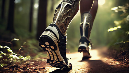 Low angle view at disabled young man with prosthetic leg walking along nature background