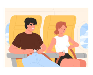 Airplane passengers fasten belt during flight. Emergency and security airplane measures vector cartoon illustration