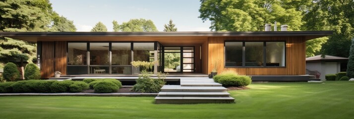 midcentury home architecture style exterior photorealistic image made by generative AI