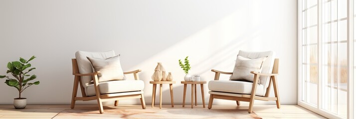 Interior of a minimalist living room with nordic design, chairs, and table