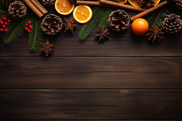 christmas holidays background festive decoration cinnamon, pinecones, and oranges on a wooden table. High quality photo